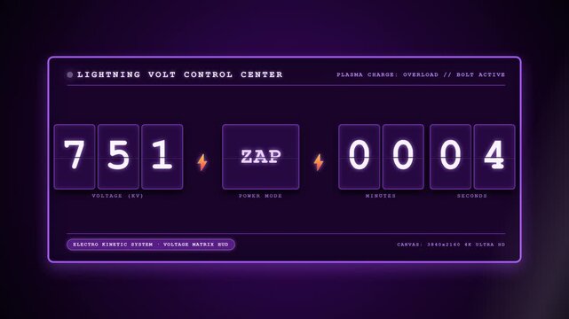 Deterministic 4K mechanical split-flap display featuring a high-voltage lightning element theme. Displays voltage output, plasma charge status, and electric discharge counters with electric purple glo