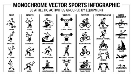 Obraz premium Monochrome infographic of athletic activities organized by equipment