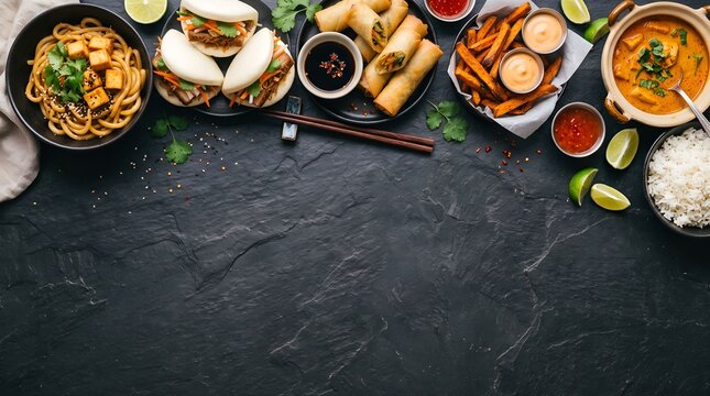 Top view of asian appetizers including bao buns spring rolls and noodles