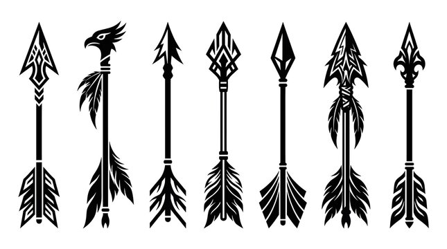 A collection of seven decorative tribal arrows featuring intricate feather fletching and ornate arrowhead designs isolated on a plain white background for graphic design projects