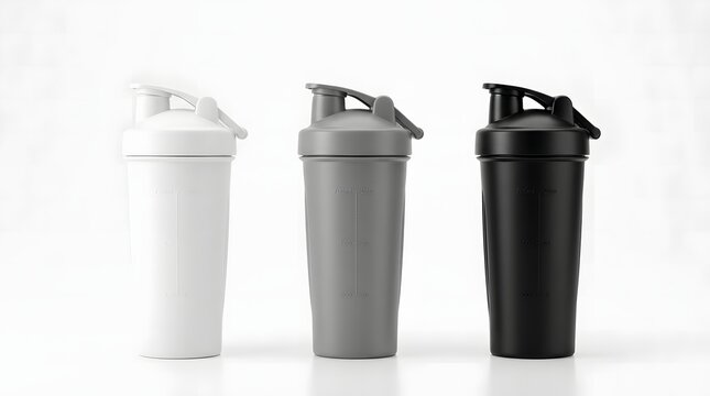 Three protein shaker bottles in white gray and black against a clean white background