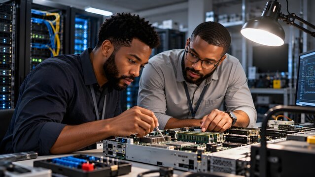 IT engineers repairing server hardware in data center, African American system administrators assembling computer motherboard