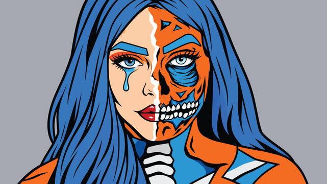 Pop Art Vector Illustration of a Woman with Split Face Design, Half Beautiful Crying Girl and Half Scary Skull Skeleton Monster in Vibrant Orange and Blue Colors for Halloween and Art.