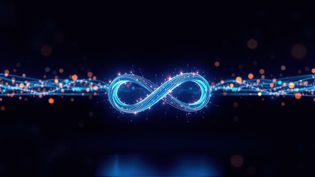 Bright infinity symbol glows against dark background. Lines, dots create dynamic visual effect. Futuristic, abstract design.