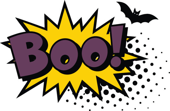 Spooky Halloween Boo Comic Book Pop Art Vector Illustration featuring a Purple Word Bubble, Yellow Starburst Background, Flying Bat Silhouette, and Retro Halftone Dot Pattern for Web.