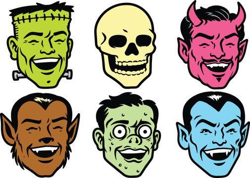 Retro Halloween Monster Heads Vector Illustration Featuring Frankenstein Dracula Werewolf Devil Skull and Zombie in Vintage Comic Book Style for Spooky Graphic Design Projects.
