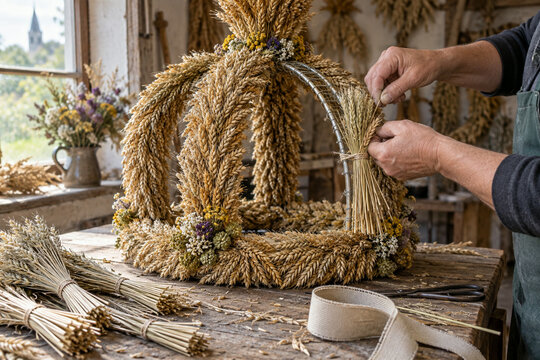 Hands binding grain bundles into a harvest crown