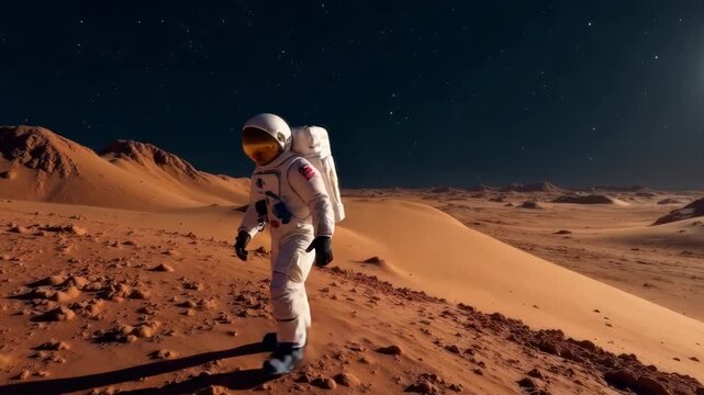 One astronaut explores the barren, surface of the Mars. Man walking slowly on red planet. Dark cosmic background contrasts with the bright spacesuit. Space exploration and human curiosity.