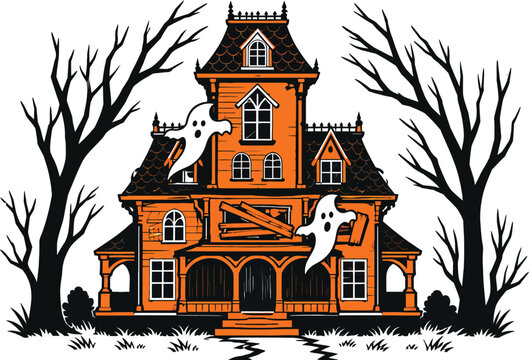 Creepy Haunted Victorian Mansion Halloween Vector Graphic featuring Spooky Ghosts and Bare Trees. High-Quality Orange and Black Illustration for Invitations, Stickers, and Festive Decor.