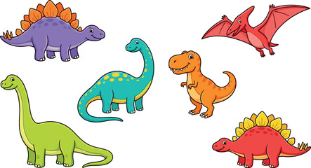 Cute cartoon dinosaur character collection featuring stegosaurus brachiosaurus tyrannosaurus rex and flying pterodactyl vectors © Leon