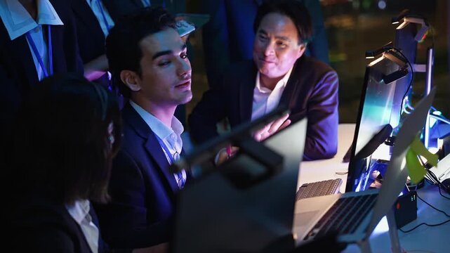 Business or developer team collaborates intensely on a project in the office during the night, manager explaining work and communicating ideas and working together