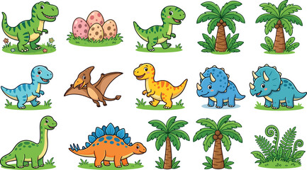 Cute cartoon dinosaur character collection featuring triceratops tyrannosaurus pterodactyl stegosaurus eggs and tropical palm trees © Leon