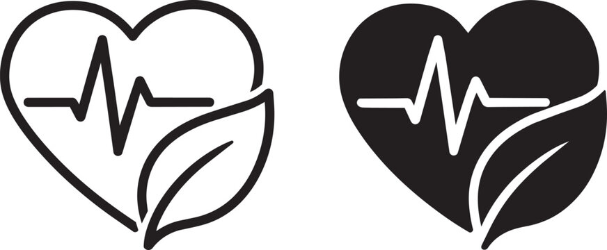 heart with pulse ECG line and leaf healthy life icons set vector illustration