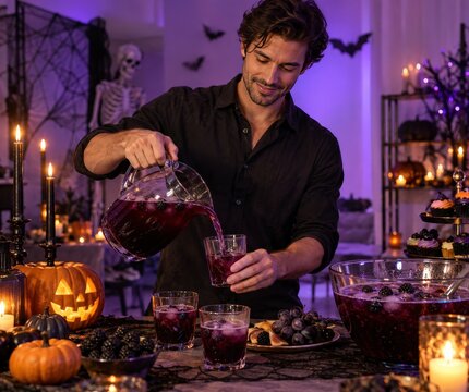 Man hosting a party pouring a purple berry drink