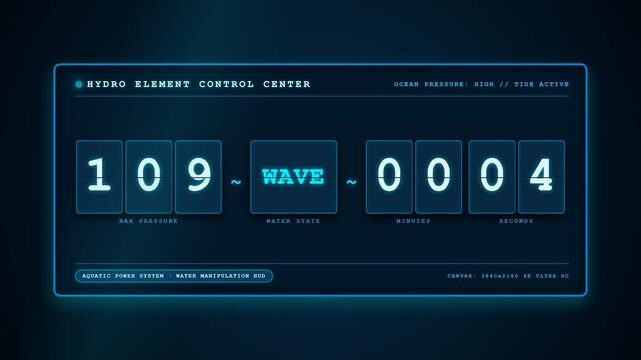Deterministic 4K mechanical split-flap display featuring a powerful ocean water elemental theme. Displays pressure, flow rate, and hydro activity counters with deep aquatic blue styling, liquid glow a