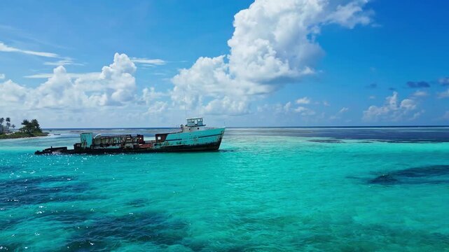 Side angle shot of abandoned metal boat rusting in clean ocean water. Concept of environmental impact, marine pollution, nature, corrosion, and climate change