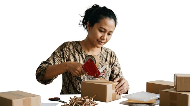 Woman packing cardboard box with tape in shipping and fulfillment area with white screen