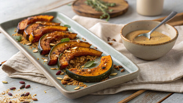 Roasted kabocha squash with maple miso glaze, tahini pools, pepitas, sage and brittle arranged on a warm stoneware platter