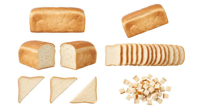 Sliced toast sandwich bread pieces isolated on white background with copy space, white wheat loaf design element for bakery menu, breakfast marketing banner and presentation