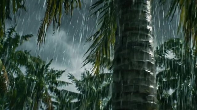 Storm over tropical palm trees with heavy monsoon rain and wind