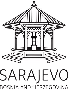 Detailed line art illustration of a traditional korean pavilion building with text