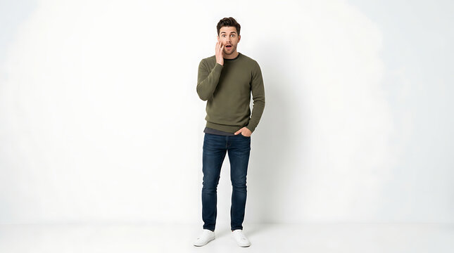 Surprised young man in olive green sweater and jeans standing against white background looking shocked and amazed with hand on cheek