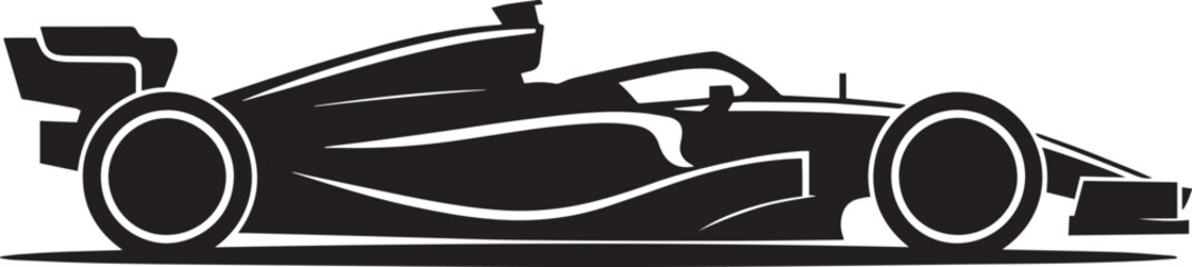 Obraz premium Black silhouette of a modern formula one race car isolated on a light gray background side view