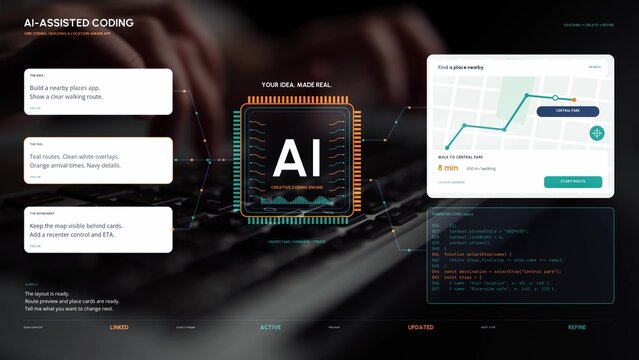 An AI-assisted prototype links a request for walking directions with code and a map, showing how an application idea can become an interactive navigation concept.