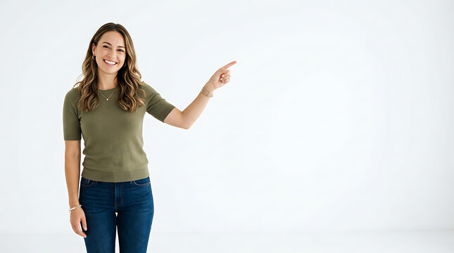 Smiling young woman pointing finger at copy space on white background showing blank marketing area for product advertisement or presentation