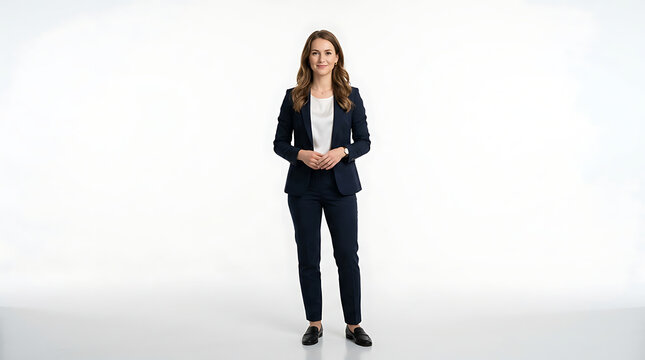 Full length portrait of a confident young businesswoman standing in a blue suit against a white background