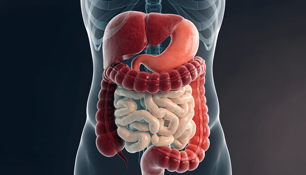 3D Human Digestive System Anatomy Illustration Showing the Liver, Stomach, Small Intestine and Colon