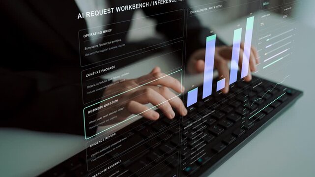 A person types on a keyboard. Operational analysis of AI requests brings context handling, inference timing and token consumption together, supporting review of performance and resource use.