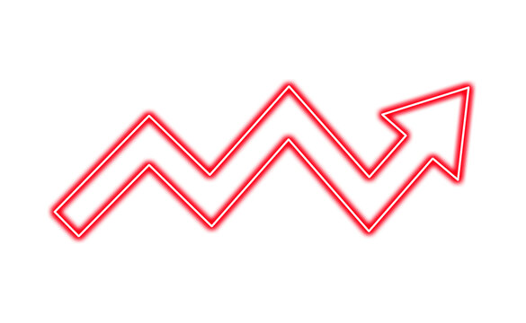 Red neon zigzag arrow pointing upwards isolated on transparent background
