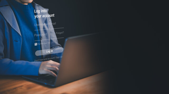 User typing on laptop with digital login screen interface. Cyber security, secure network authentication, user account access, internet data privacy, and modern technology password concept.