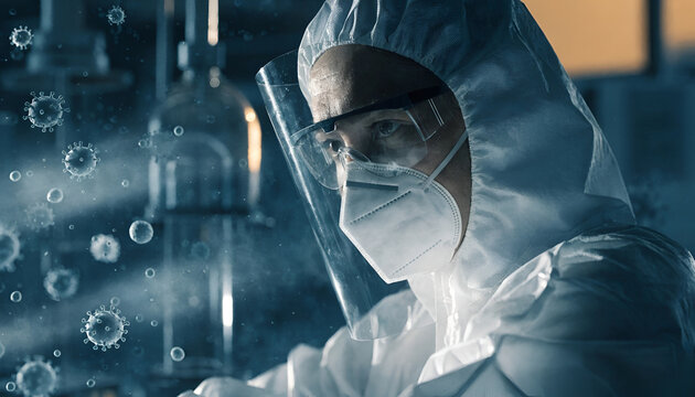 Medical Researcher in Protective Biohazard Suit Studying Infectious Viruses in Laboratory