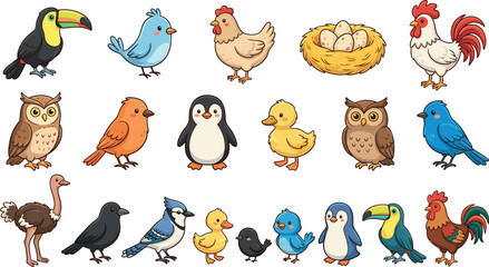 Obraz premium Cute happy cartoon birds poultry and nest icon collection set isolated on white background flat vector illustration