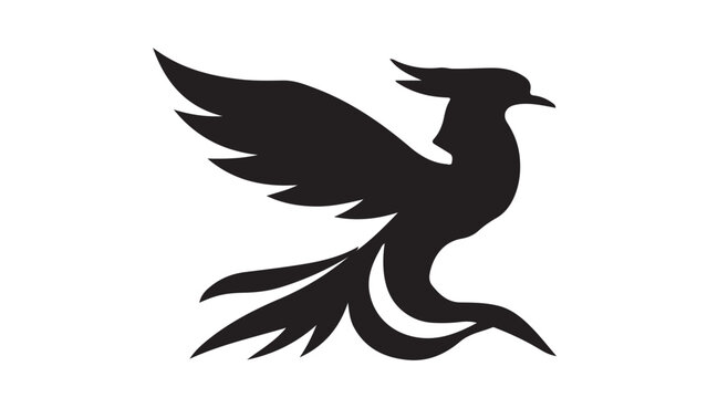 Elegant stylized black silhouette of a mythical phoenix bird in flight