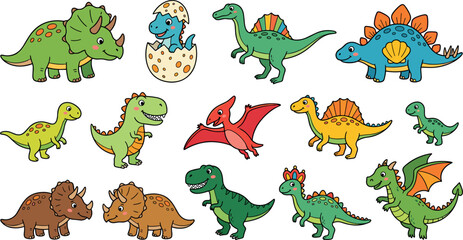 Cute happy cartoon dinosaurs and dragon set isolated on white background flat vector illustration icon stickers collection © Leon