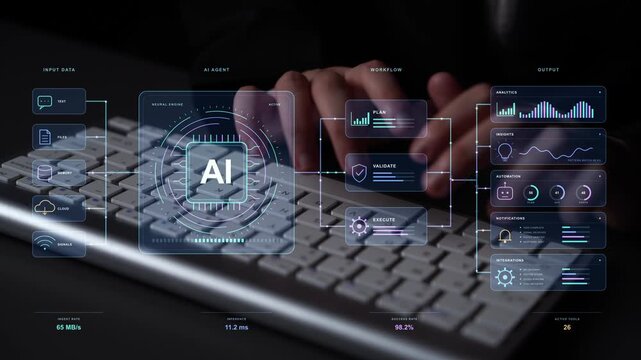 AI specialist works at a keyboard. Operational automation connects data intake, contextual memory and task execution, showing how an AI agent can coordinate work across systems.