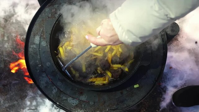 Steaming plov being stirred on a wood stove outside in winter, with golden rice, hot broth and fire visible around the pan. Traditional food preparation in snowy weather.