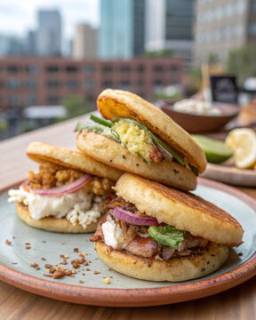 Photorealistic Venezuelan arepas with crispy corn crust shredded octopus avocado crema pickled onion aj&iacute; amarillo cilantro and lime accents