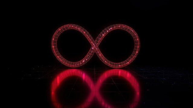 Red infinity symbol glows against black background. Reflection creates mirrored effect on grid surface. Minimalist design.