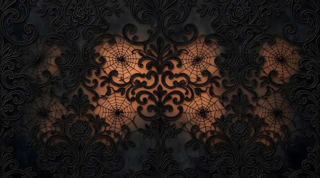 Dark gothic lace background with spooky orange pumpkin faces and mandala ornament