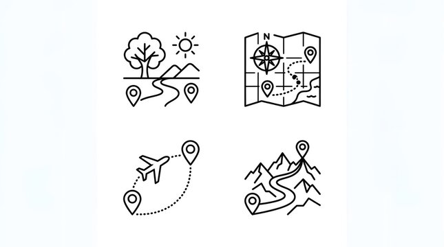 A collection of four hand drawn travel and navigation icons featuring a nature landscape a paper map an airplane flight path and mountain hiking