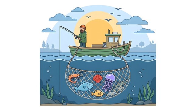 A colorful cartoon illustration of a fisherman on a boat pulling a large net full of various tropical fish from the deep blue ocean