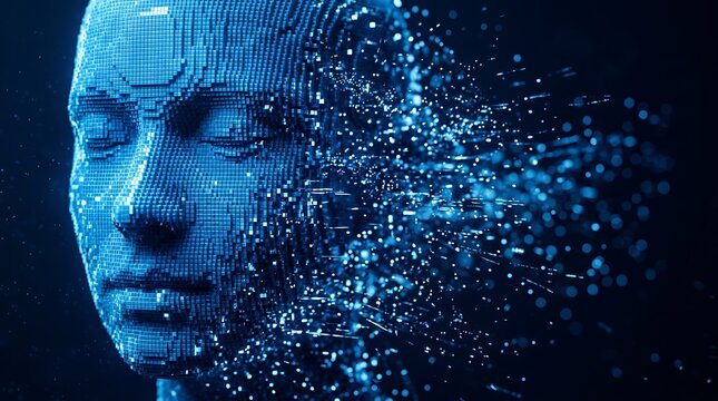 Futuristic human face constructed from blue glowing digital voxels dissolving into particles