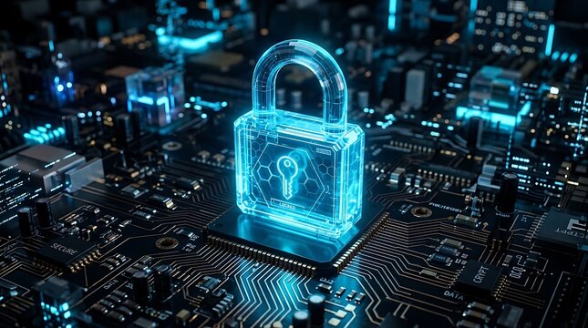 Glowing digital padlock protecting electronic circuit board with bright blue neon lights and futuristic elements