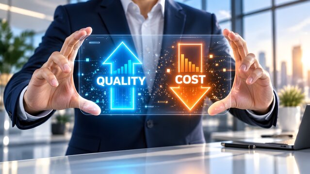 Businessman Holding Holographic Display Showing Quality Increase And Cost Reduction