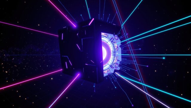Dark space features glowing cube. Bright lines radiate outward, creating futuristic visual effect. Stars dot background.