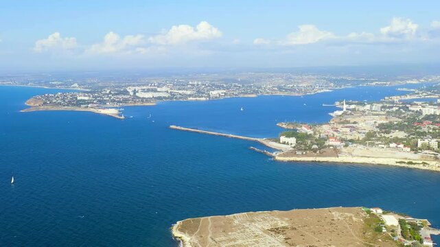 Sevastopol, Crimea. Vladimirsky Cathedral in Chersonesos. Chersonesus Tauric - founded by the ancient Greeks on the Heracles peninsula on the Crimean coast. Drone footage